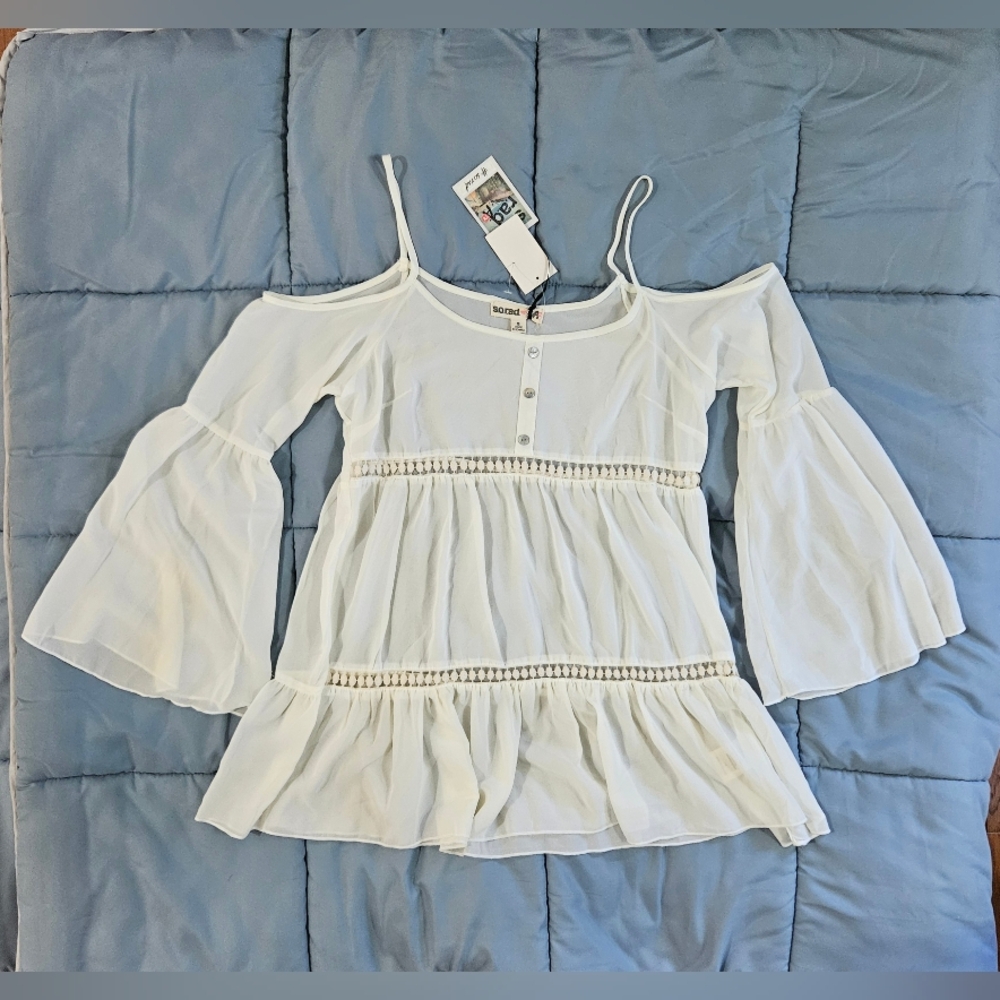Women's S.O. R.A.D. Sheer Open Shoulder Bell Sleeve Blouse